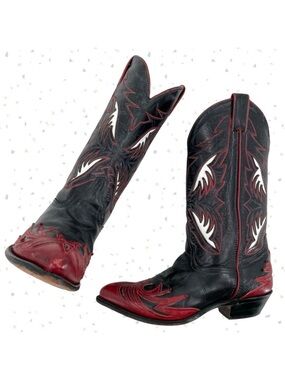 Vintage Black Red Cowboy Western Boots Leather Overlay Pointed Toe Size 7.5